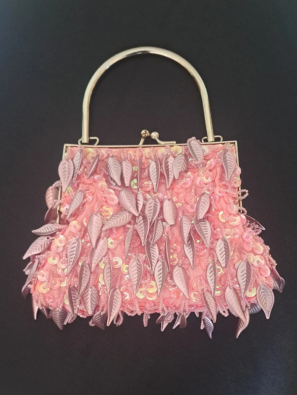 Pink Leaf Sequin Evening Clutch with Top Handle